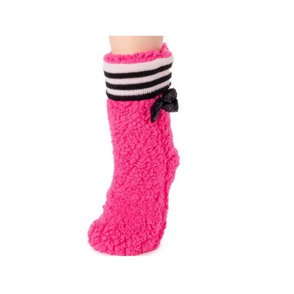 New Betsy Johnson Barbie Pink & Black FUZZY Warm Socks w/Sequin Bow L/XL - Picture 1 of 6